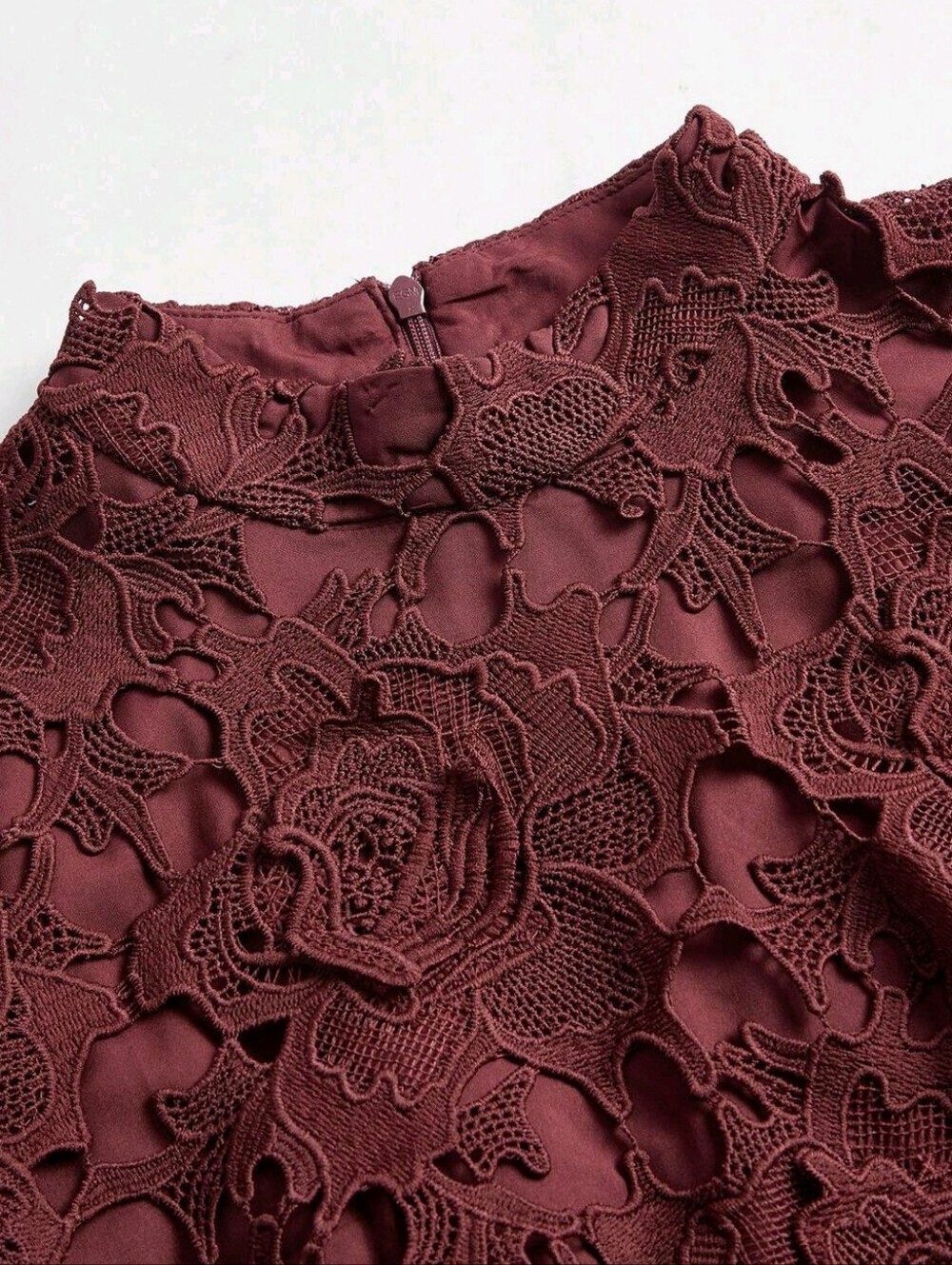 New Luxe Embroidered Sheer Lace Long Dress Long Sleeve Burgundy Red - Picture 8 of 14